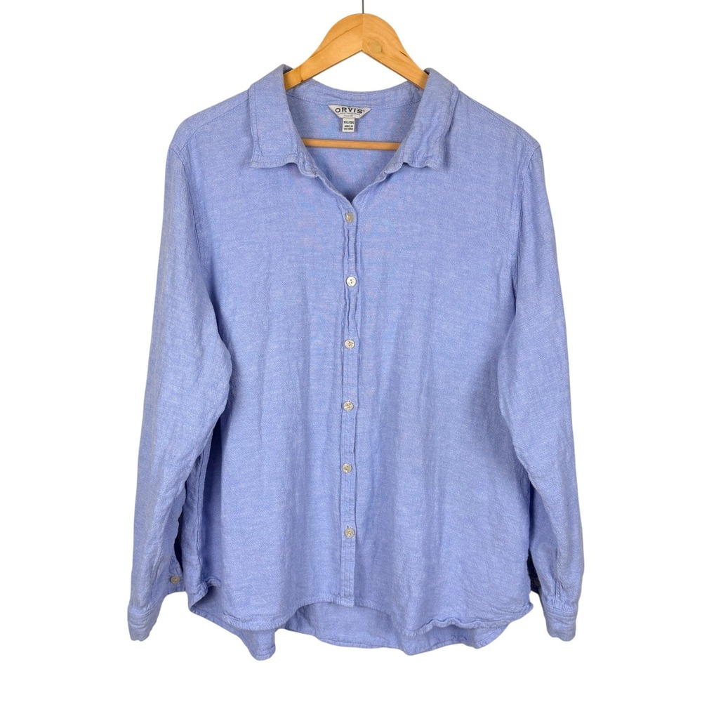 Orvis Linen Blend Button Up Shirt Womens XXL Blue Long Sleeve Lightweight Beachy